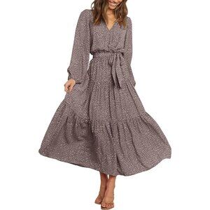 PrettyGarden Women Brown Polyester V Neck Long Sleeve Ruffle Floral Maxi Dress